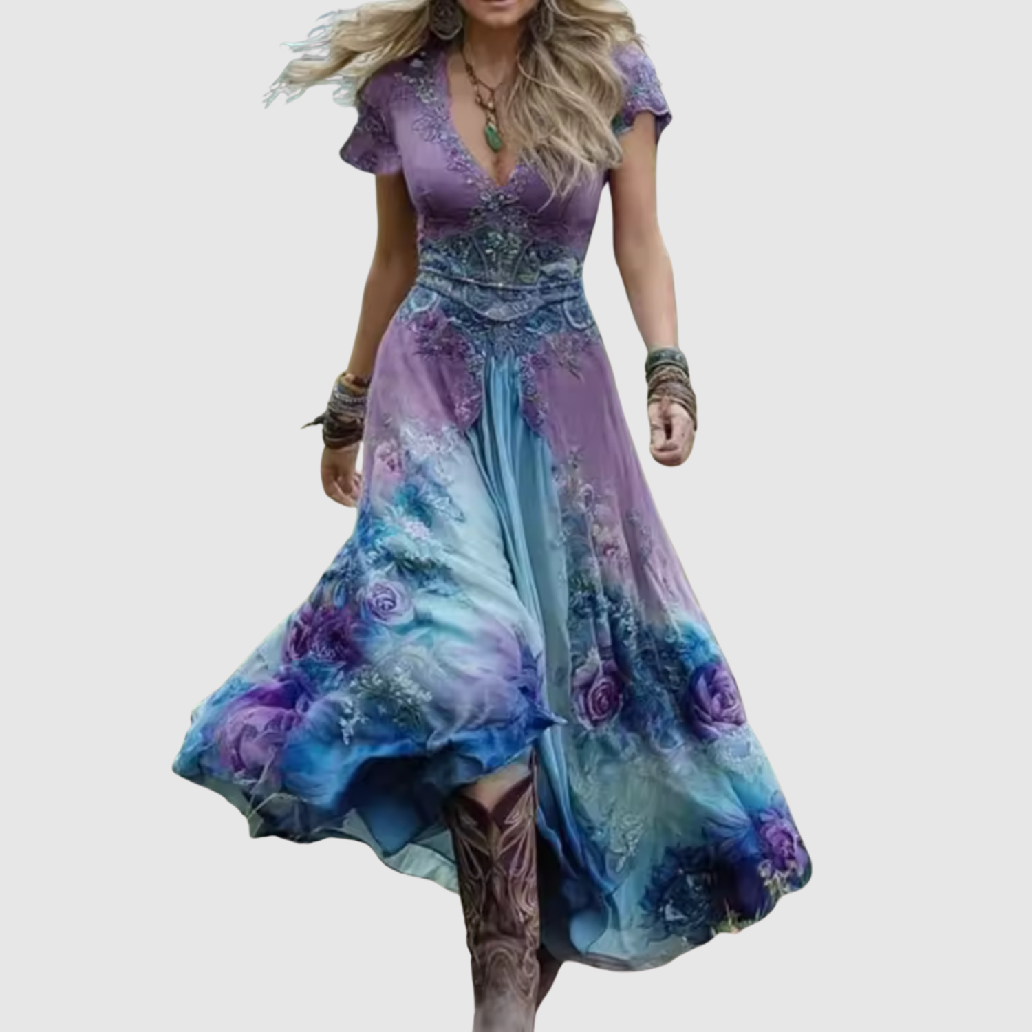 Лилия - Бохемска макси рокля с бродерия и лек текстил